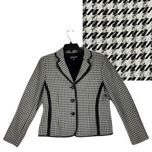 Jones New York 10P Women Houndstooth Blazer Petite Black White Faux Leather Trim